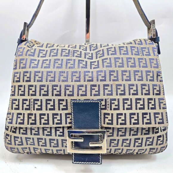 Authentic FENDI Mamma Zucca Bucket Baguette Navy Tan Flap Bag Purse Tote FF - Picture 1 of 16
